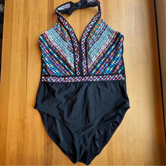 Aqua Green XL black geometric print tie neck one piece halter swimsuit - Picture 2 of 12